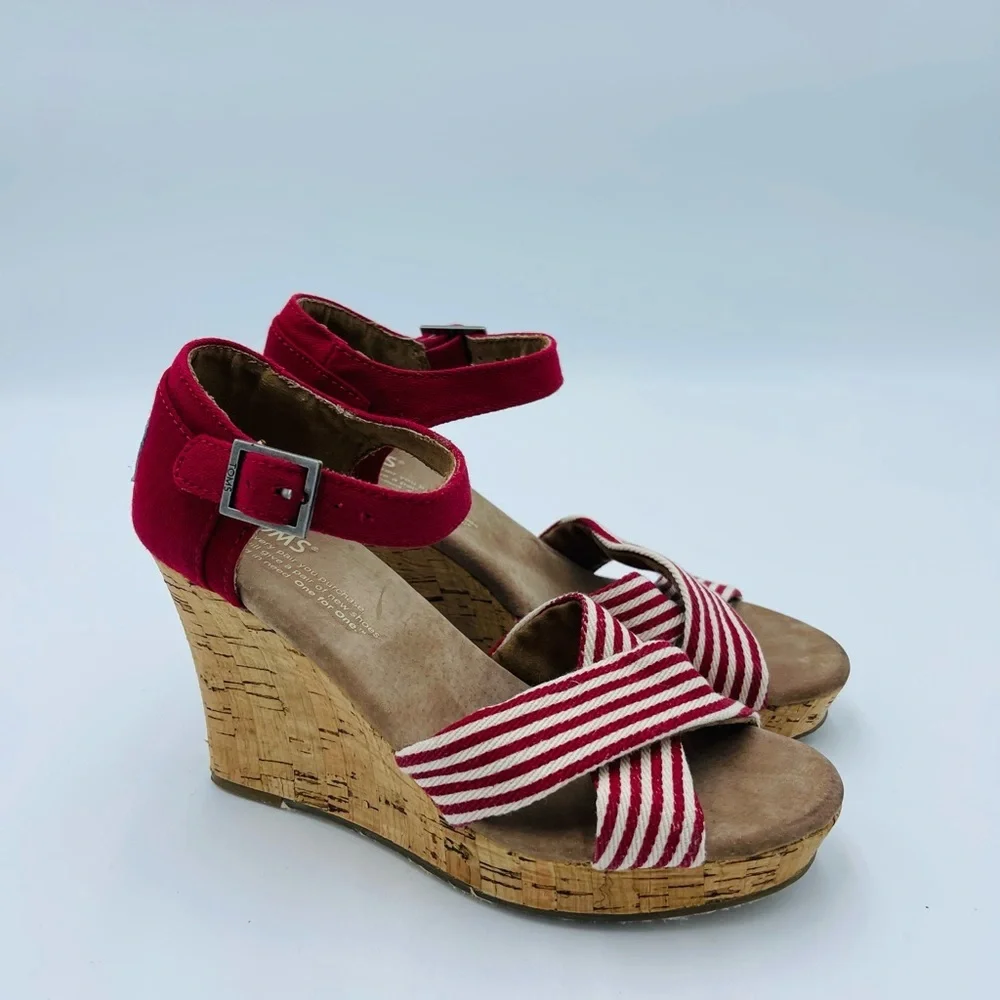 TOMS Multi Strap Red Striped Cork Wedges